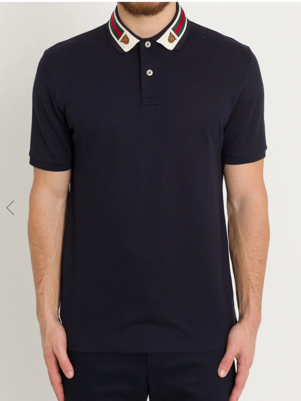Gucci Navy Polo with Web and Tiger Collar Patches
